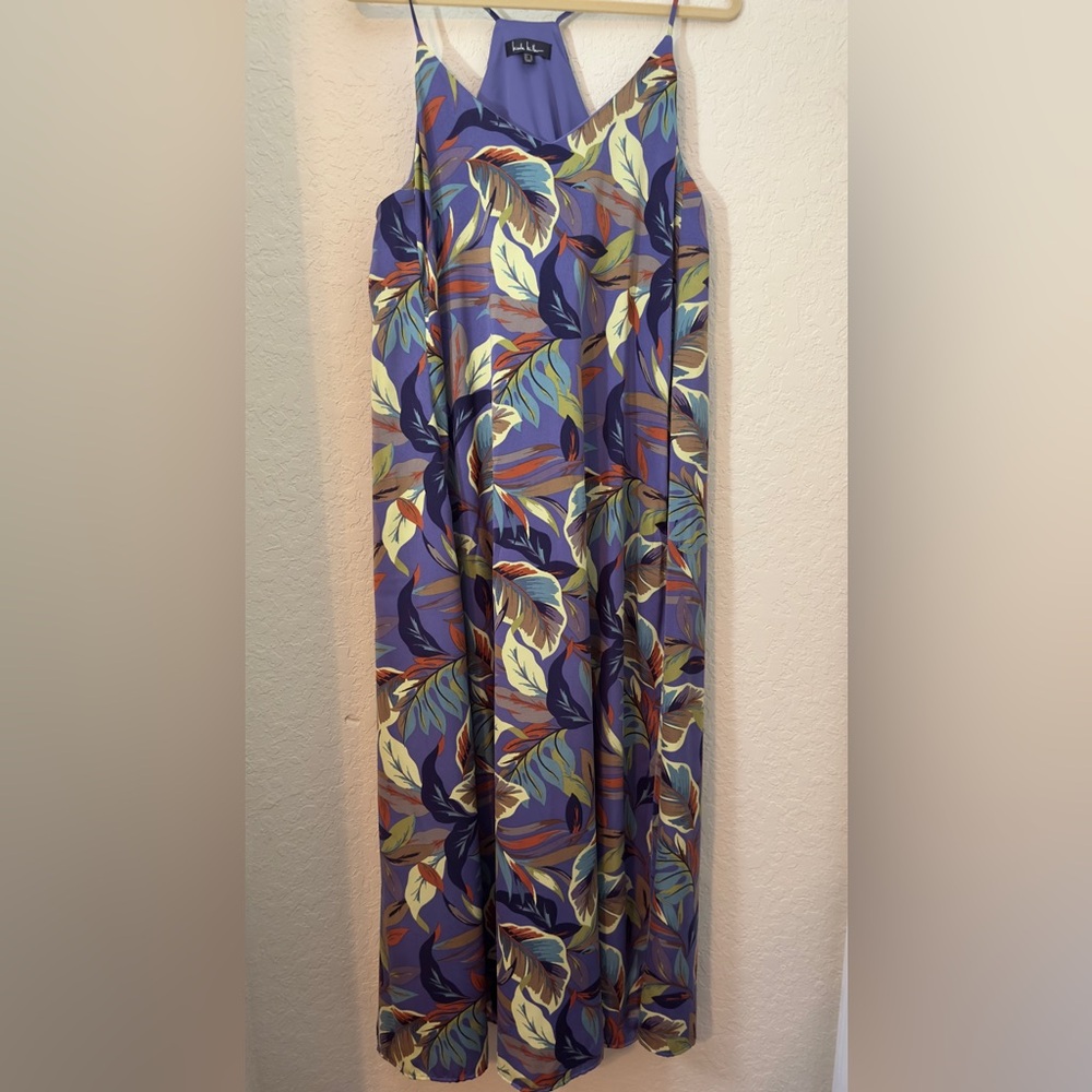 NICOLE MILLER Multi Leaf Charmeuse Slip Maxi Dress With Pockets